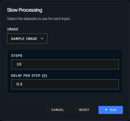 Action dialog with an input selector and generated parameter fields