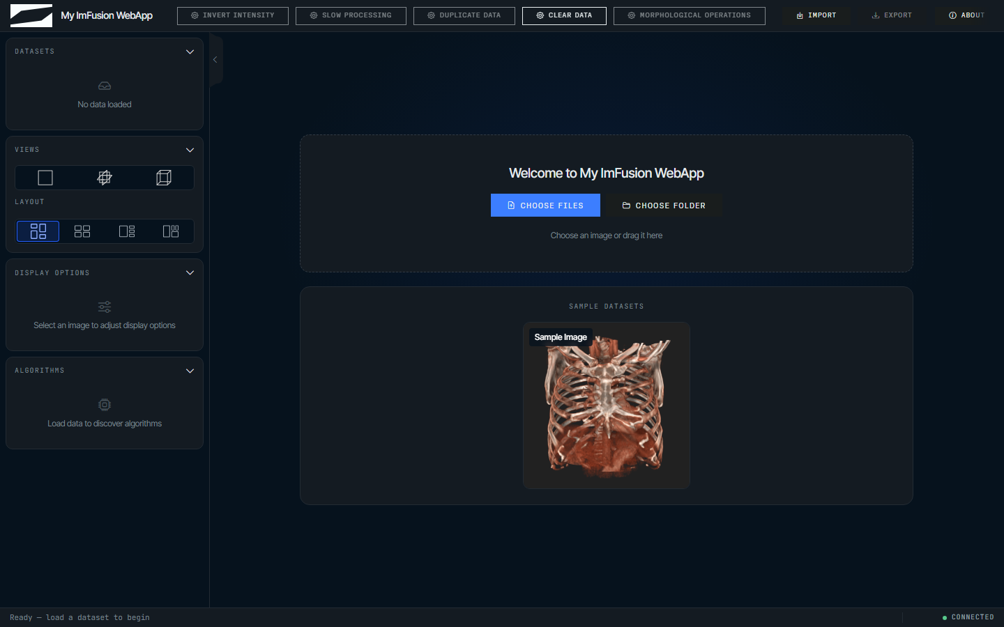 Landing page with file buttons and a sample dataset card