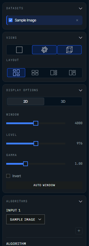 Sidebar with the datasets, views, display options, and algorithms panels