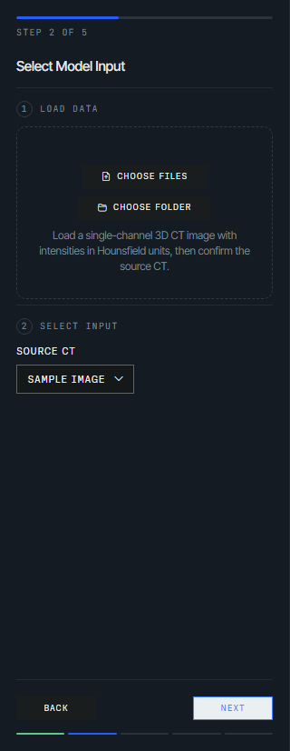 Workflow panel on step 2 of 5, Select Model Input, with numbered load and assign stages and a source CT selector
