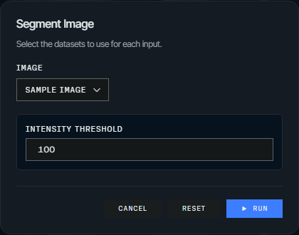 Segment Image dialog with a dataset selector and an intensity threshold field
