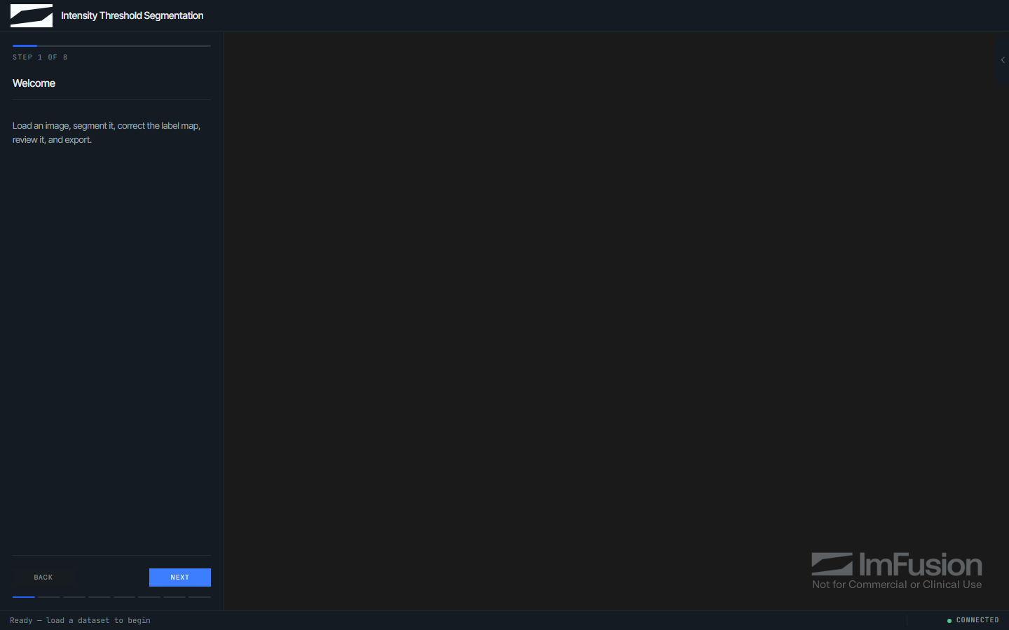 Workflow panel on the first step, next to an empty viewer